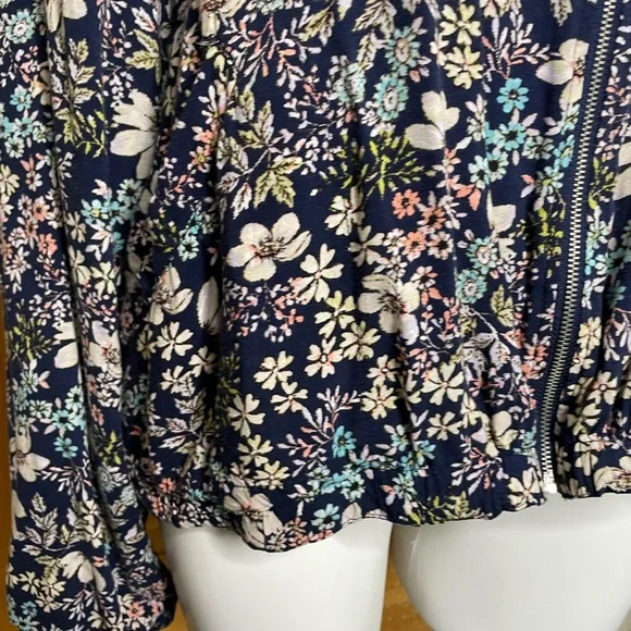 Fever Blue Floral Long Sleeves Zip Up Gathered Hem Relaxed Lightweight Jacket - Picture 7 of 14